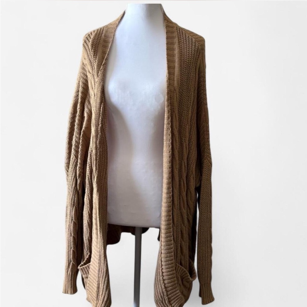 Tan Cable Knit Cardigan Sweater with Relaxed Fit